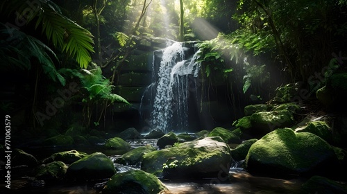 Panorama of a waterfall in the jungle. Panoramic image.