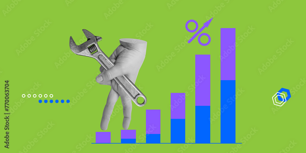 Increasing labor productivity concept. Hand with spanner follows ascending schedule with percent sign. Minimalist art collage Increasing labor productivity concept. Hand with spanner follows ascending schedule with percent sign. Minimalist art collage
