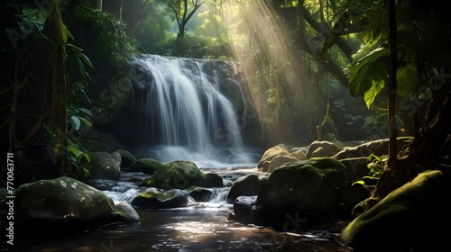 Panorama of a waterfall in a tropical rainforest with sunbeams