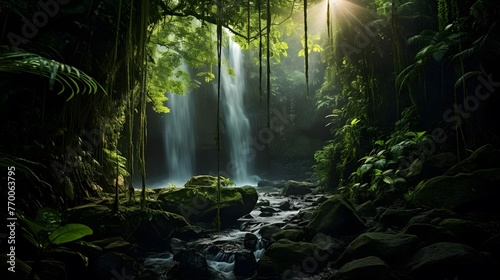 Panoramic view of a beautiful waterfall in the rainforest at night
