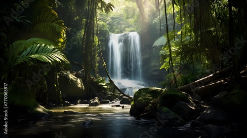 Panoramic view of beautiful waterfall in rainforest  Borneo  Malaysia