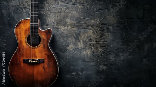 Classic Acoustic Guitar on Textured Black Background with Ample Copy Space photo