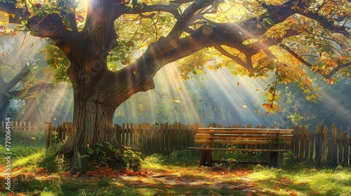  A bench beneath a massive tree in a green space, surrounded by fallen foliage and a fence in the distance © Olga