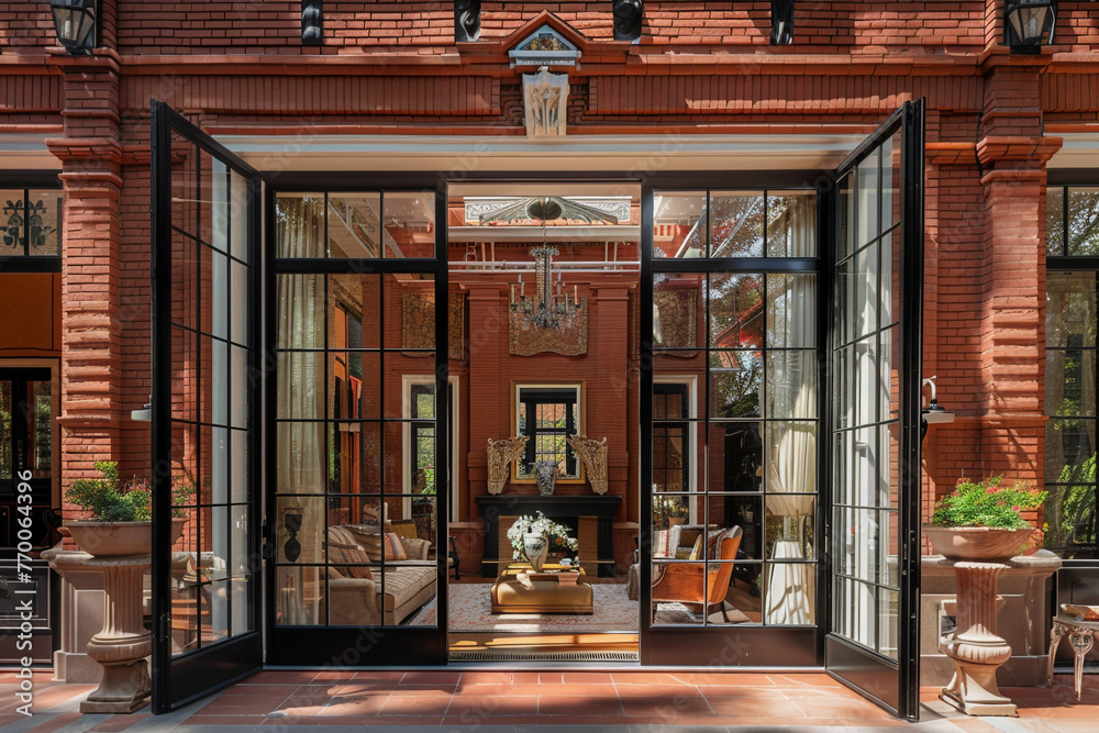 Through the lens, a majestic red brick house reveals open interiors, opulent furnishings, and glass doors opening to a lavish patio. - obrazy, fototapety, plakaty 