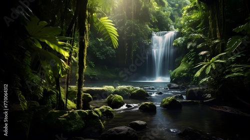 Panoramic view of a beautiful waterfall in the rainforest.