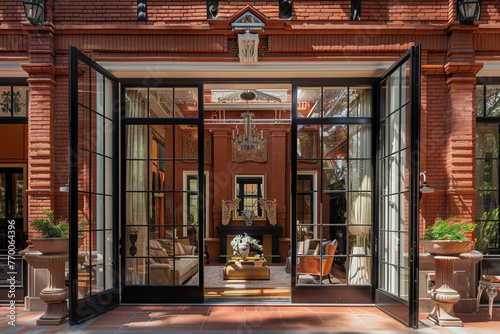 Through the lens, a majestic red brick house reveals open interiors, opulent furnishings, and glass doors opening to a lavish patio.
