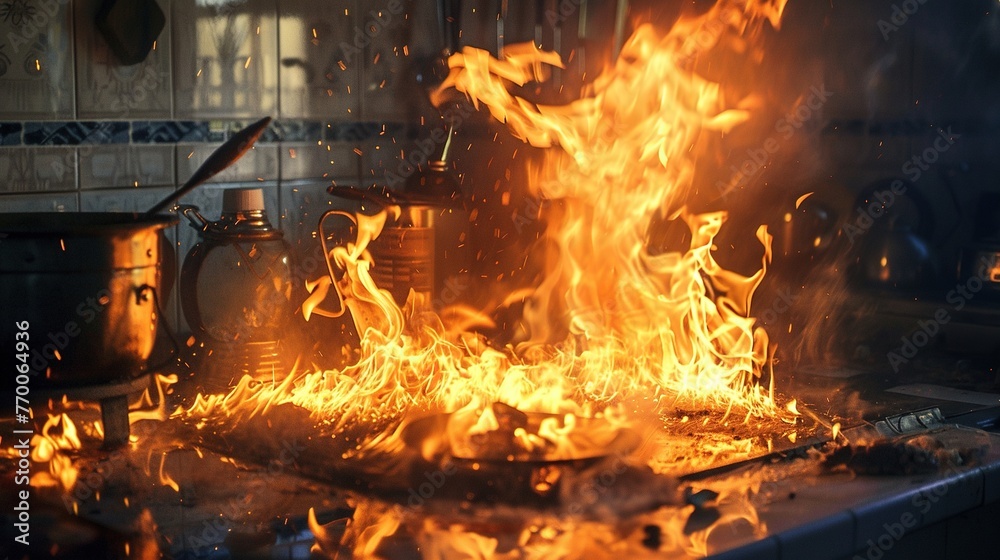 Obraz premium Fire in Kitchen. Flame, Accident, Disaster, Indoor, Insurance, Dangerous, Danger, Wreckage, Fireman, Fire Engine, Heat, Inferno 