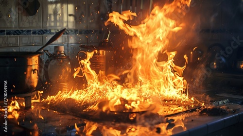 Fire in Kitchen. Flame, Accident, Disaster, Indoor, Insurance, Dangerous, Danger, Wreckage, Fireman, Fire Engine, Heat, Inferno 