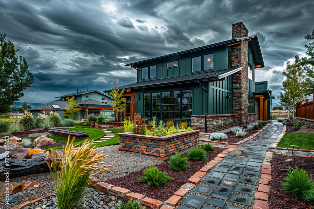 Naklejka premium Under a cloudy afternoon sky, a modern home with dark green walls nestles among vibrant surroundings. Brick, stone, and meticulously maintained landscaping create a cozy and inviting atmosphere.