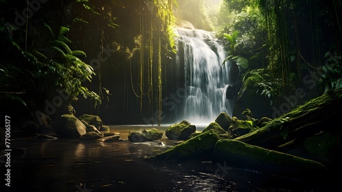 Panorama of beautiful waterfall in deep tropical rainforest, Thailand.