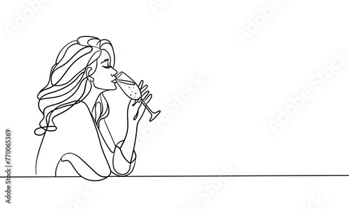 Elegant girl drinks wine or champagne from a glass, continuous line art drawing isolated on white background. Girl enjoying a drink line art drawing. Vector illustration