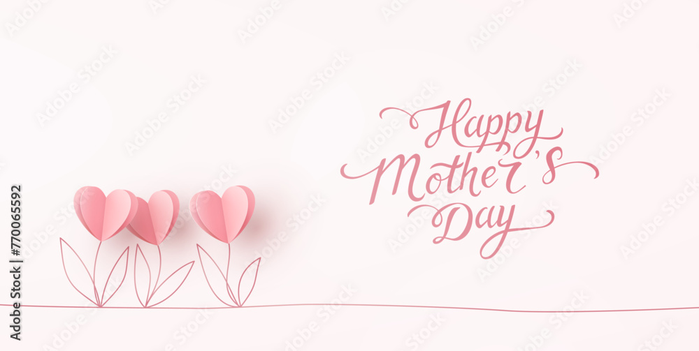 Mother's day postcard with paper tulips flowers and calligraphy text on light pink background. Vector symbols of love in shape of heart for greeting card, cover design Mother's day postcard with paper tulips flowers and calligraphy text on light pink background. Vector symbols of love in shape of heart for greeting card, cover design