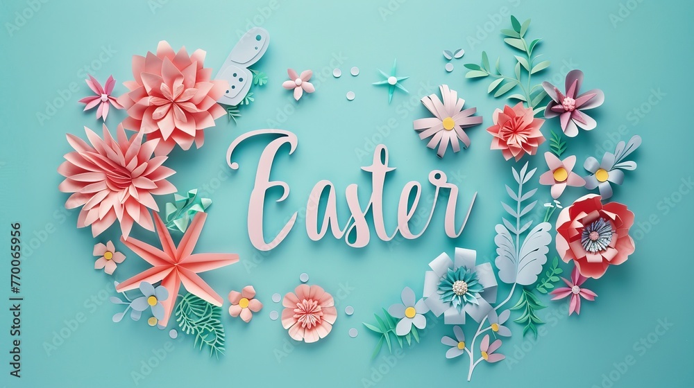paper illustration. word Easter written in carved paper flowers on pastel background. - obrazy, fototapety, plakaty 