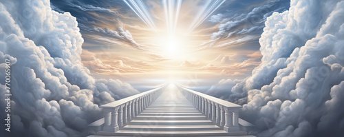 way to heaven with light glow from the eternal horizon, concept of adventure to unknown place, Generative Ai   © QuietWord