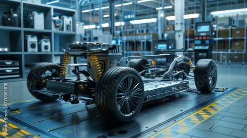 Engineers use virtual reality and 3D modeling software to design an electric car chassis.