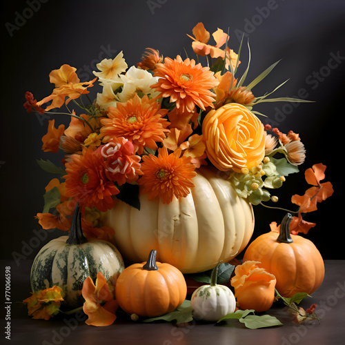 Still life with pumpkins. flowers and autumn leaves on black background photo