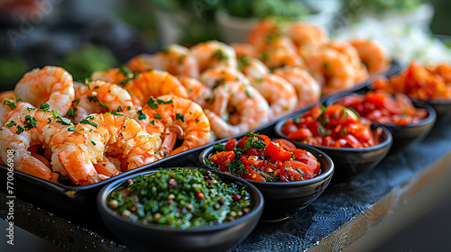 Prawn platter, close-up photo art of delicious shrimps served with sauces, high quality cuisine art
