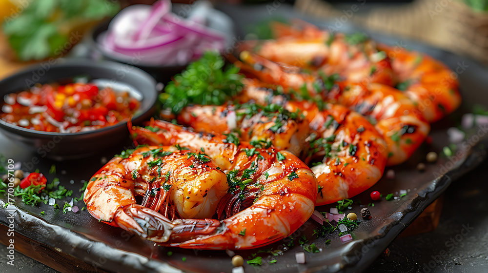 Prawn platter, close-up photo art of delicious shrimps served with sauces, high quality cuisine art Prawn platter, close-up photo art of delicious shrimps served with sauces, high quality cuisine art