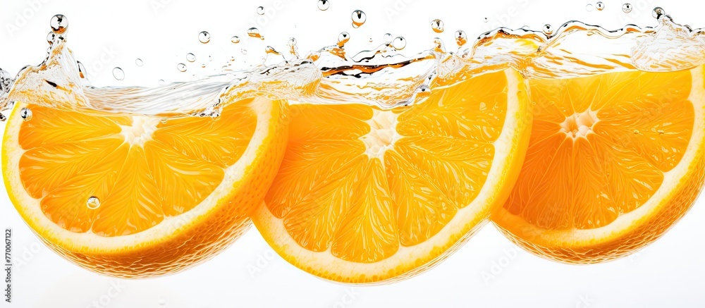 Three slices of Valencia oranges are dropping into a splash of liquid, adding a burst of citrus flavor to the water. The vibrant colors of the fruit contrast beautifully with the clear tableware Three slices of Valencia oranges are dropping into a splash of liquid, adding a burst of citrus flavor to the water. The vibrant colors of the fruit contrast beautifully with the clear tableware