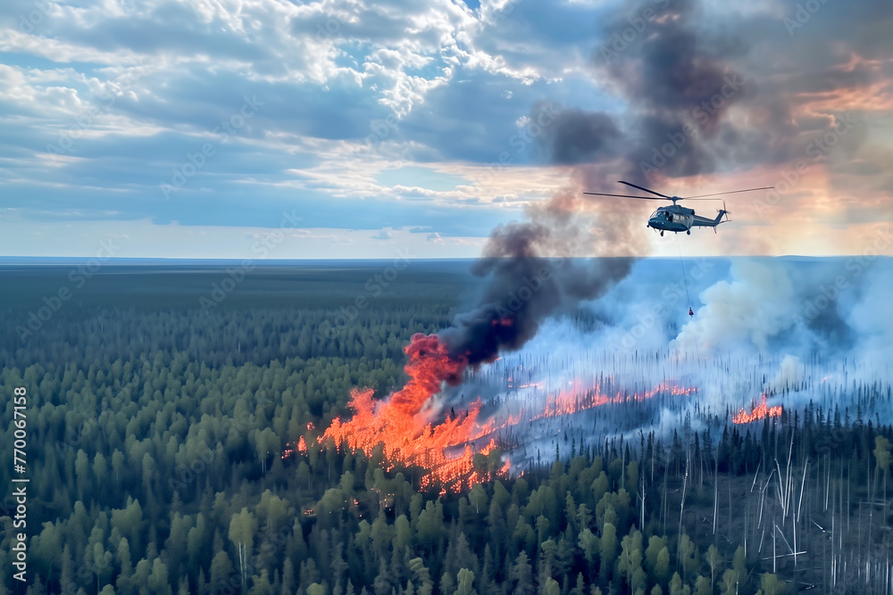 Obraz premium Fire in the forest. A fire helicopter extinguishes burning trees.