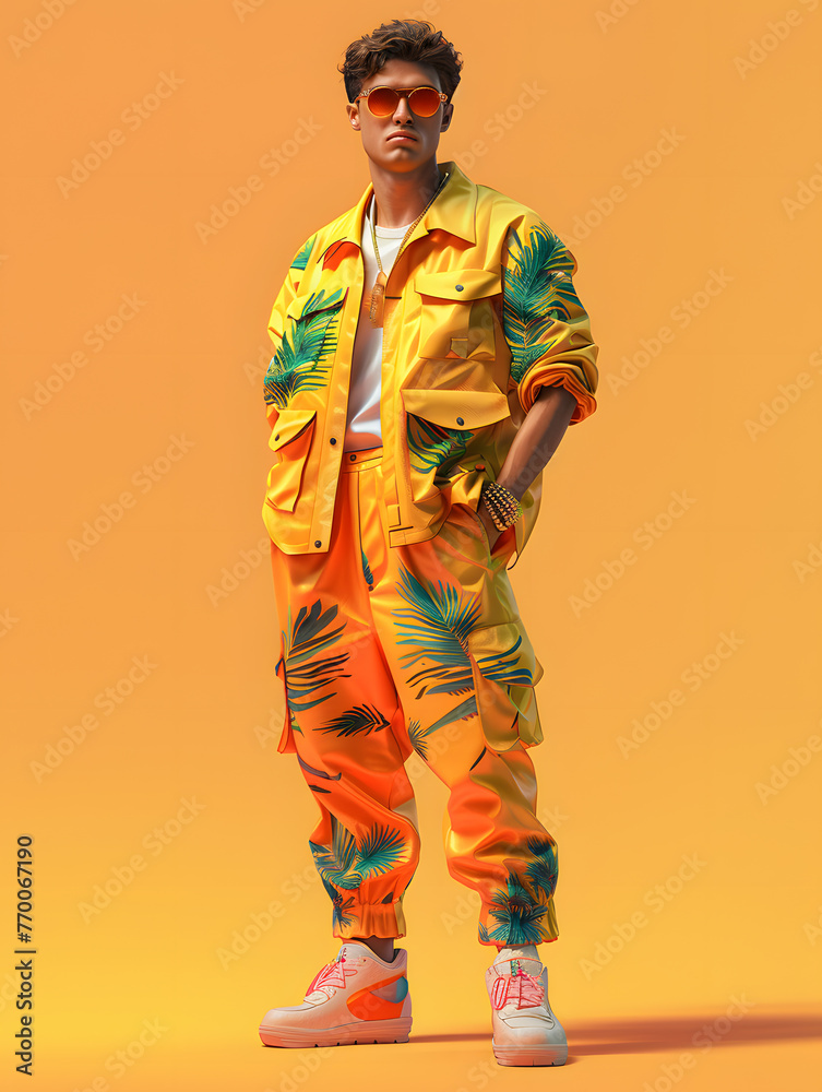 A fashion model wearing a yellow jacket and orange pants is standing on a yellow background, showcasing a unique costume design for an entertainment event - obrazy, fototapety, plakaty 