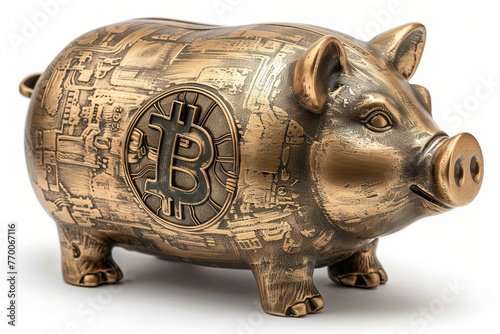 Golden piggy bank with bitcoin symbol 