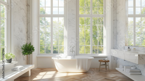 interior design of modern spacious bathroom with wooden floors and large windows