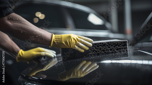 mechanic hands wearing black gloves, giving thick foam wash with © Oleksiy