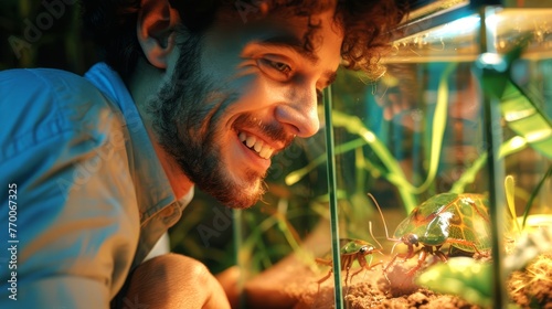 Entomology enthusiast admiring a beetle in a terrarium. Happy man watching insect life. Concept of biological interest, hobbyist entomologist, nature interaction, and learning about insects. © Jafree