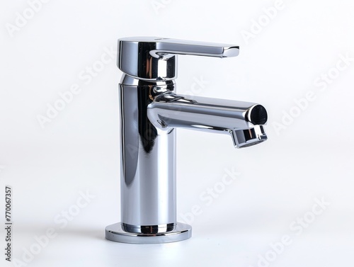 Elegant water tap with a contemporary finish on a white backdrop. Designer water spout. Concept of faucet, modern plumbing, kitchen design, elegant fixtures, and streamlined form. © Jafree