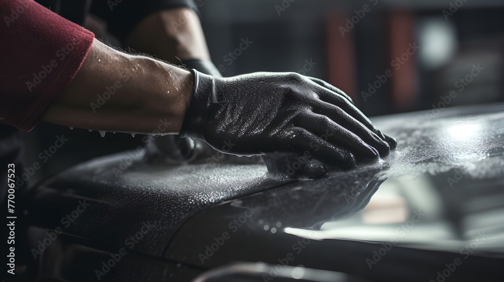 mechanic hands wearing black gloves, giving thick foam wash with - obrazy, fototapety, plakaty 