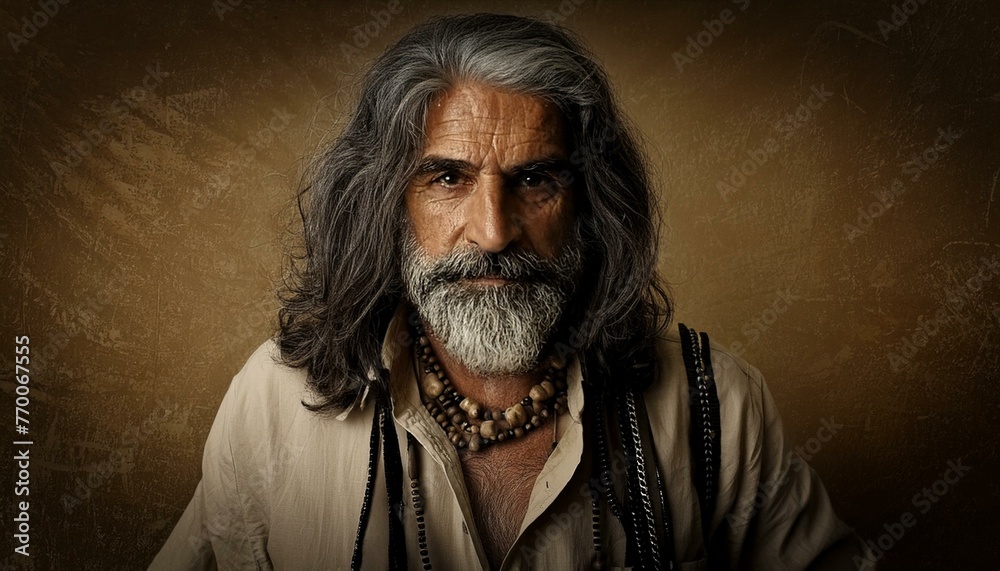 Fototapeta premium Timeless Elegance: Old Man Displays Long Hair and Beard