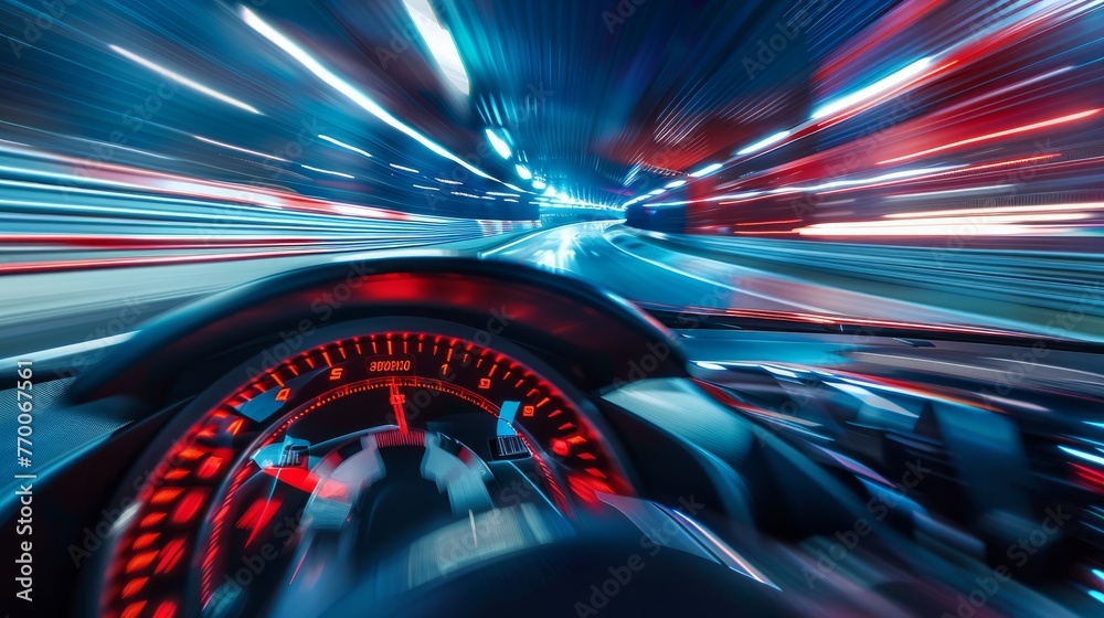 A car's speedometer displays high speed while driving on a racetrack. Motion blur effect captures the car's fast movement. - obrazy, fototapety, plakaty 
