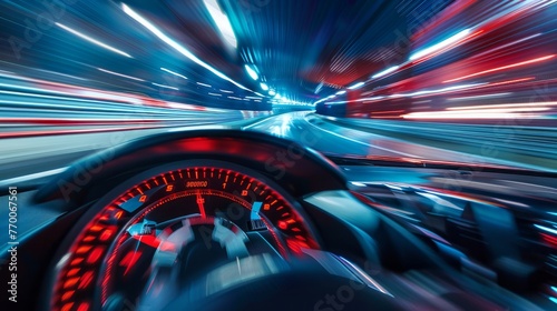 A car's speedometer displays high speed while driving on a racetrack. Motion blur effect captures the car's fast movement.