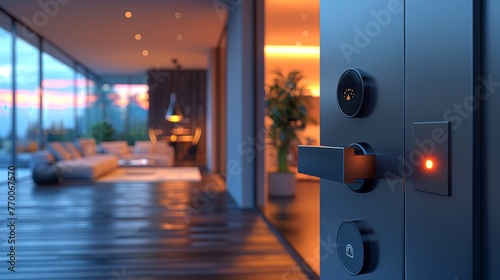 Smart door knob with digital keypad and biometric access. Door handle. Secure, contemporary door with advanced technology. Concept of home security, smart living, and access control.