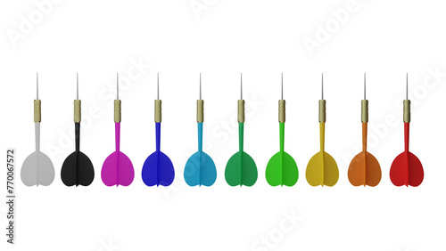 Set of colorful darts arrows isolated on transparent and white background. Darts concept. 3D render