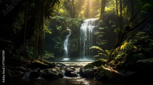 Panoramic view of a beautiful waterfall in the rainforest. © Iman