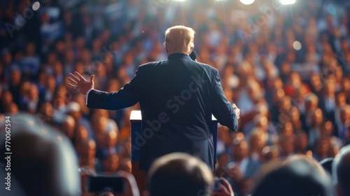 Presidential candidate delivering speech to voters. Orator on stage with microphone. Caucasian man. Concept of electoral campaign, presidential speech, voter engagement. Back view