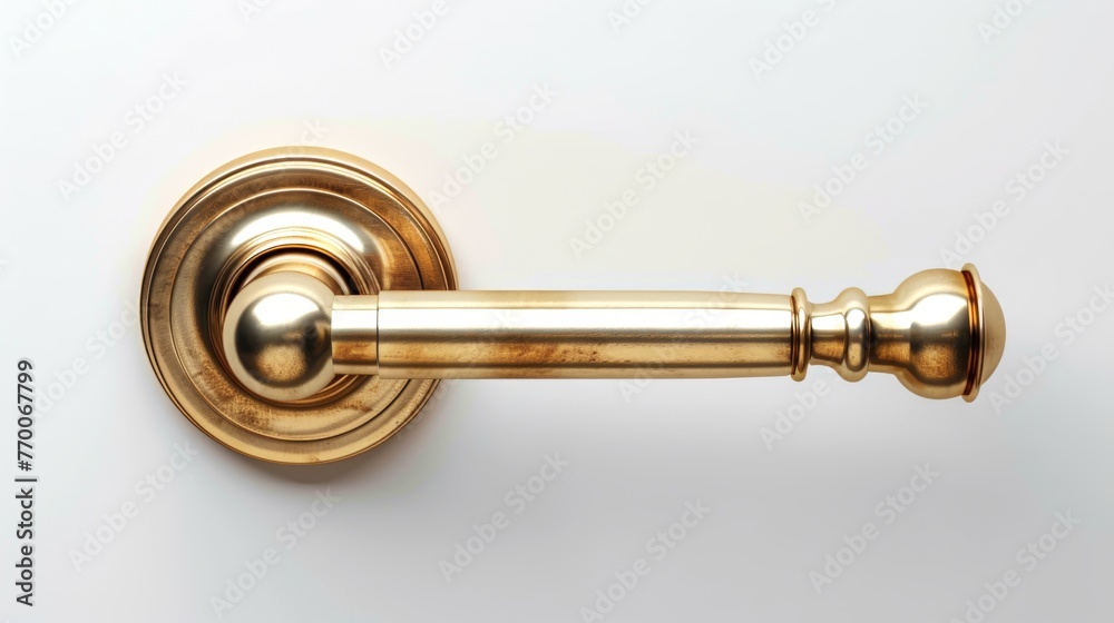 Modern sleek Golden Nickel Latch Door Handle isolated on white backdrop. Contemporary doorknob with a glossy finish. Concept of minimalist design, stylish interiors, and modern decor.