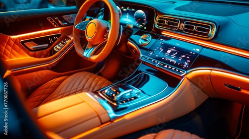 Orange leather seats and ambient blue lighting define this luxury car interior. Advanced dashboard technology. Concept of elegance in automotive design © Jafree