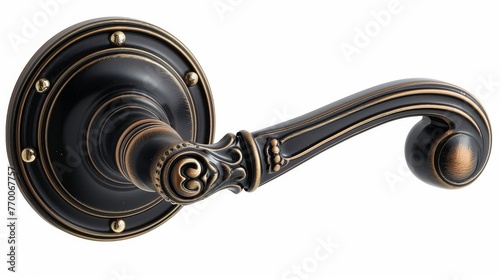 Classic engraved doorknob in bronze finish. Detailed door handle with ornate design. Isolated on white background. Concept of traditional elegance, decorative art, and enduring design.