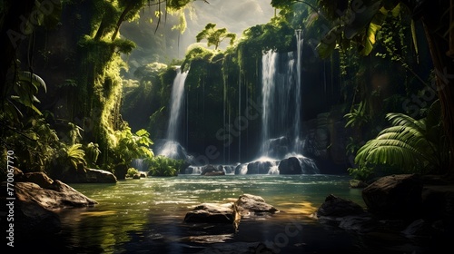 Panoramic view of waterfall in tropical rainforest. Nature background