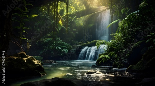 Panorama of beautiful waterfall in the rainforest. Panorama of beautiful waterfall in the rainforest. © Iman