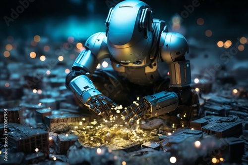 digital computer robot android in a space of holographic elements and lights, abstract background, cyber future, digital art concept