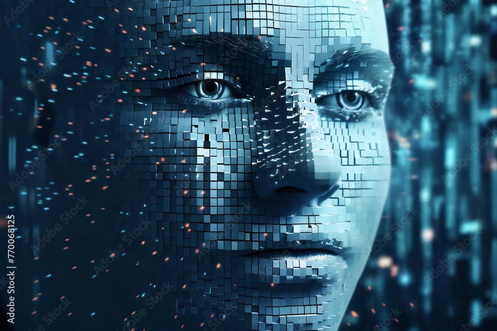 woman's face with 3D cubes and particles in space as symbol of augmented reality and computer technologies of future, close-up portrait, concept of cybernetics, biomechanics and robotics - obrazy, fototapety, plakaty 