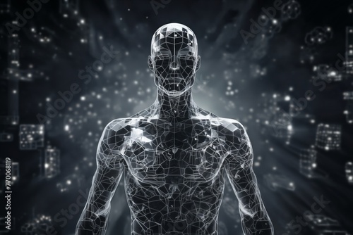 a human figure made of squares and cubes, standing in front of a digital background with abstract particles in space, cybernetics, computer rendering