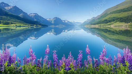  A serene lake, encircled by majestic mntns, boasts pplr flwrs frntg & a blu sk y w clouz bkh photo