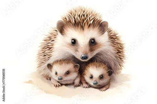 Hedgehog Mother and Hoglet on White Background photo