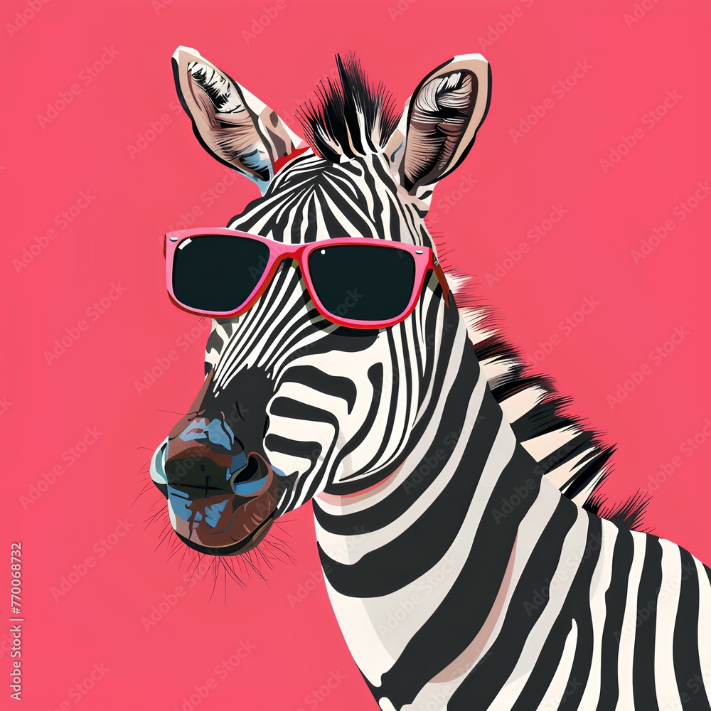 Portrait of zebra in sunglasses on pink background, pop art.Illustration generated with AI - obrazy, fototapety, plakaty 