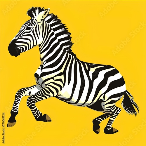 Graphical zebra running on yellow background  cartoon illustration generated with AI